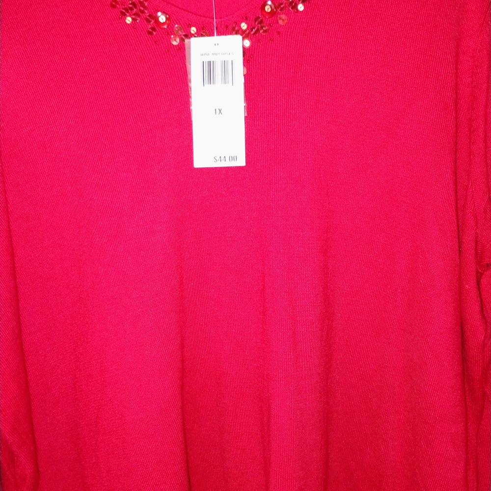 🌹NWT JM Collection Red Sweatshirt with Embellished Neckline PTP 25"🌹